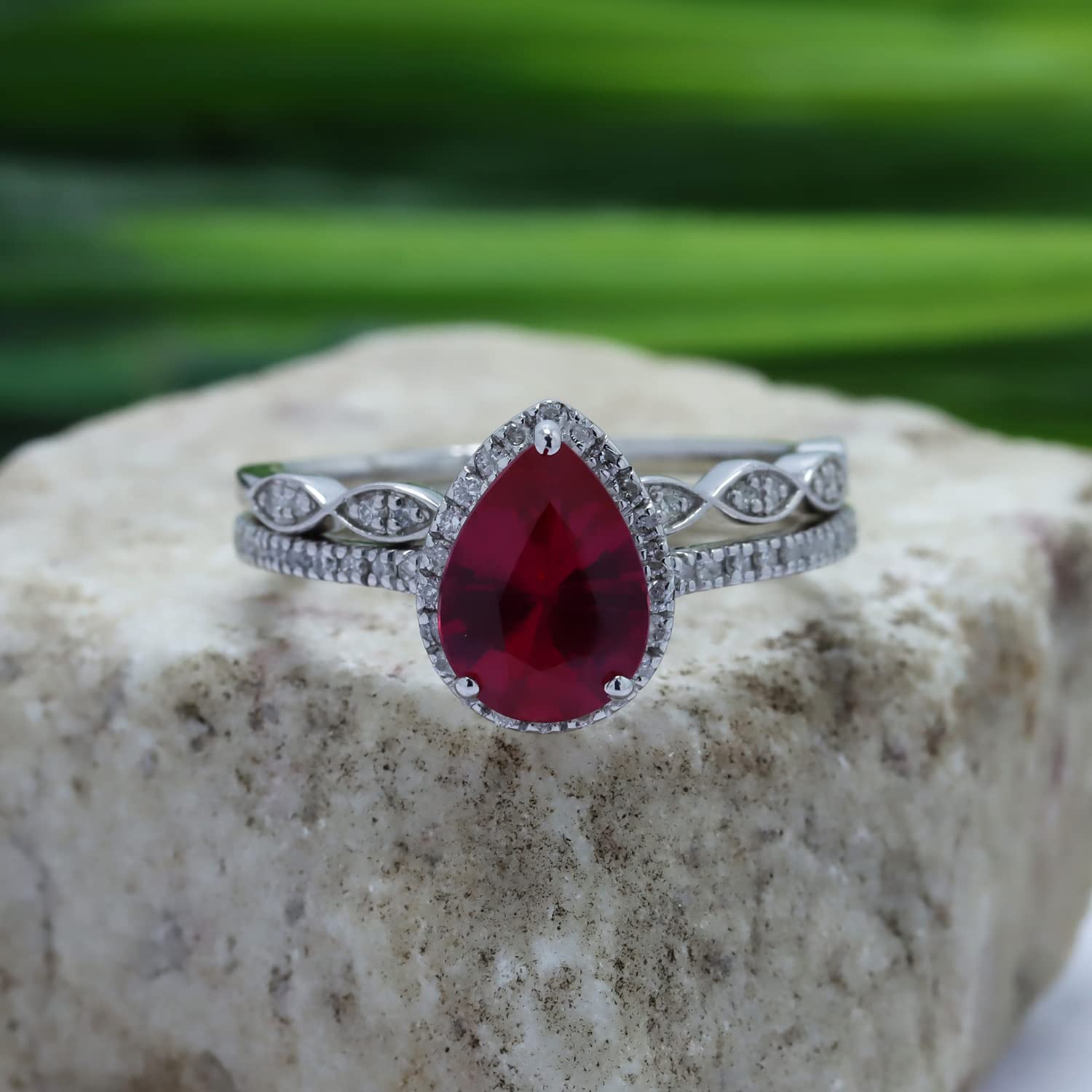 GEMVIO Collection 9X6MM Pear Cut Lab Created Ruby Gemstone & Natural Diamond Bridal Set Teardrop Engagement Ring In 14K White Gold Over Sterling Silver Anniversary Wedding Ring(1.40 Cttw)-5