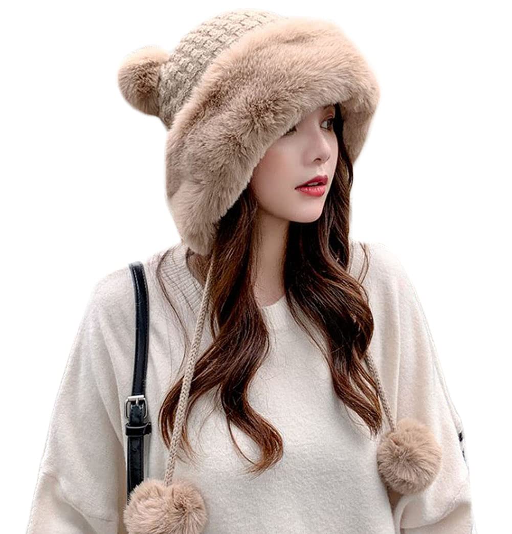 Winter Pompom Beanie Hats for Women Fluffy Knit Womens Beanie Faux Fur Crochet Skull Cap Warm Bucket Outdoor Ear Cover Khaki