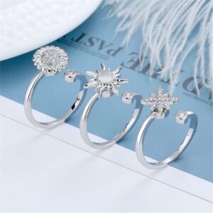 Asymmetric Rotatable Spinner CZ Ring for Women Girls Anti Anxiety Stress Relief Peace Fidget Rings Silver Plating Cute Daisy Sun Star Wrap Open Finger Knuckle Statement Ring Christmas Valentines