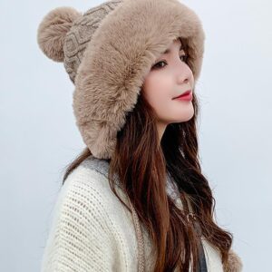 Winter Pompom Beanie Hats for Women Fluffy Knit Womens Beanie Faux Fur Crochet Skull Cap Warm Bucket Outdoor Ear Cover Khaki