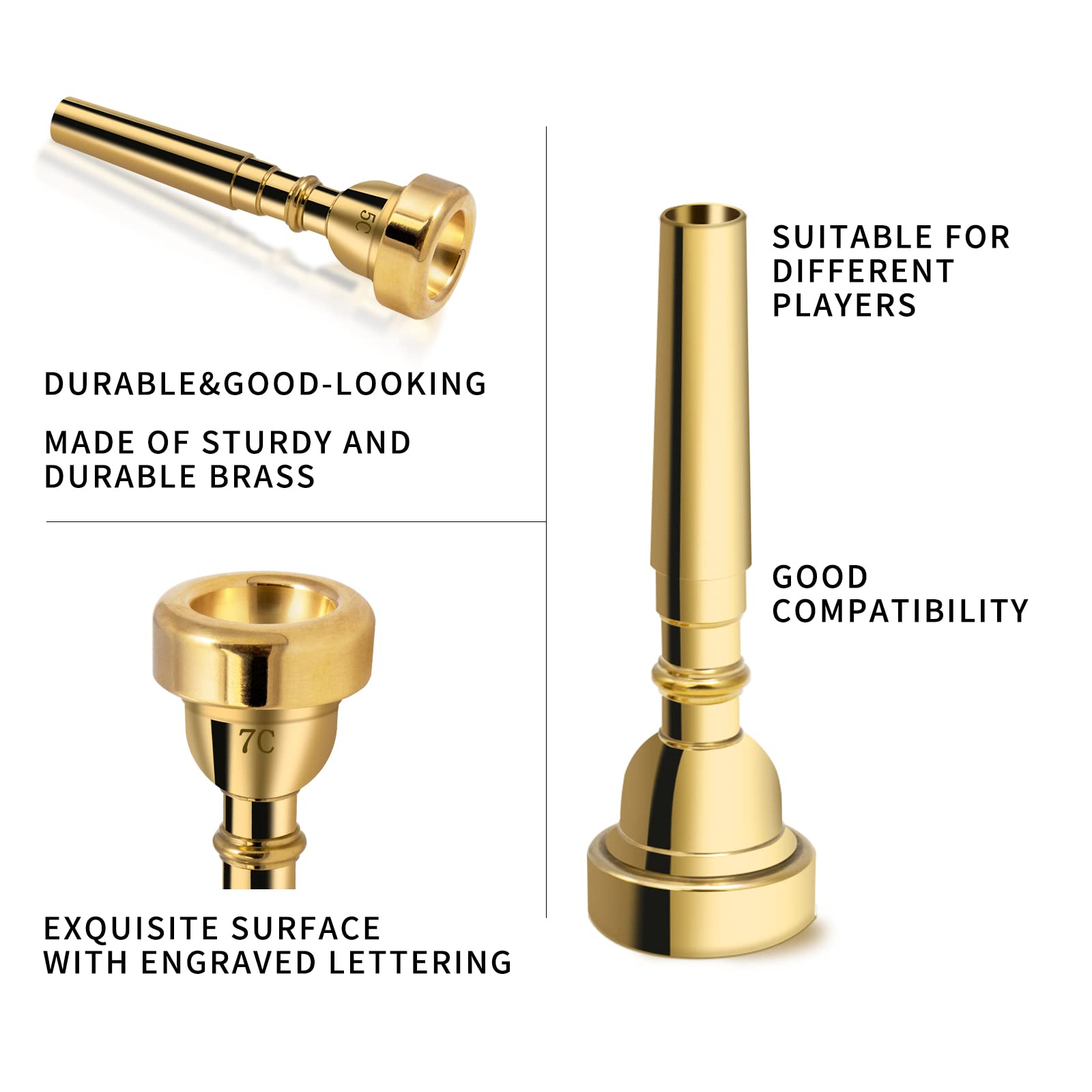 Cheerock 3Pack Trumpet Mouthpiece 3C 5C 7C Trumpet Accessories, Brass Trumpet Mouthpiece Set Suitable for Beginners and Professional Players （Gold）