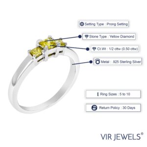 Vir Jewels 1/2 cttw 3 Stone Princess Yellow Diamond Engagement Ring .925 Sterling Silver Size 7