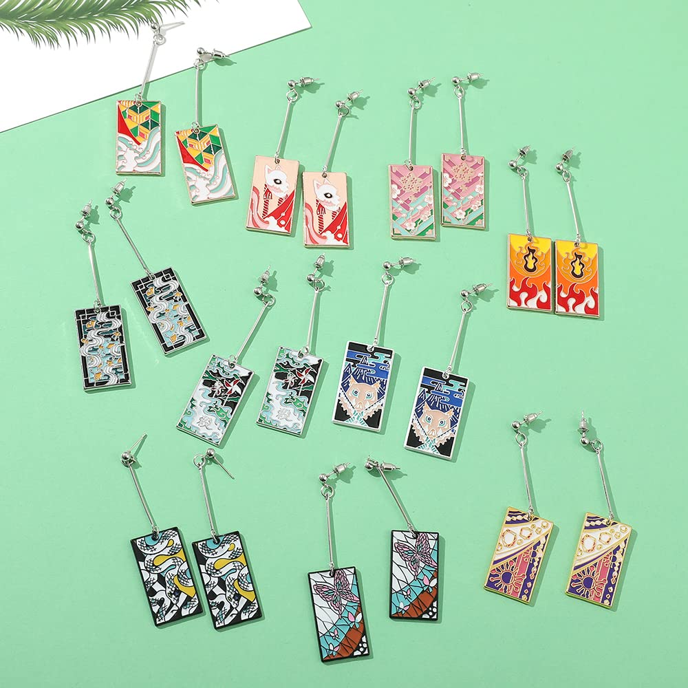 FunBoat 10Pcs Kimetsu No Yaiba Earring Set - Rengoku Mitsuri Anime Hanafuda Dangle Earring - Cosplay Jewelry for Women and Men