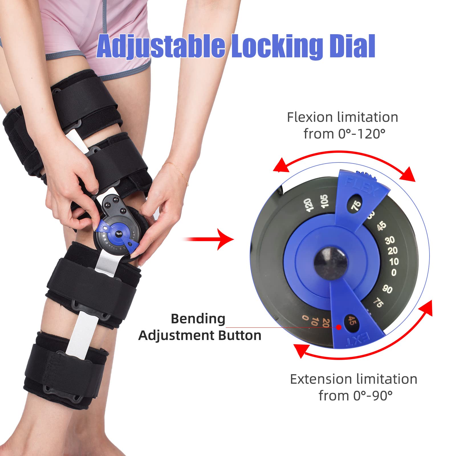 Hinged ROM Knee Brace Post Op Knee Support Adjustable Knee Immobilizer with Side Leg Stabilizers for Men and Women for Meniscus Tear, Arthritis, ACL, PCL, Osteoarthritis, Orthopedic Rehab (Black)