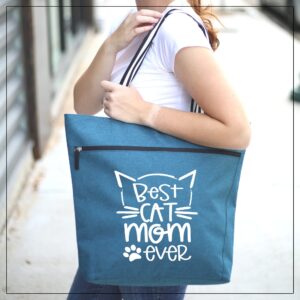 Brooke & Jess Designs Fur Mom Lexie Teal Zipper Tote Bag Women, Work, Travel - Best Cat Lover Gift, Christmas, Birthday, Mother's Day - Fun Things to Gift for Cats Owners