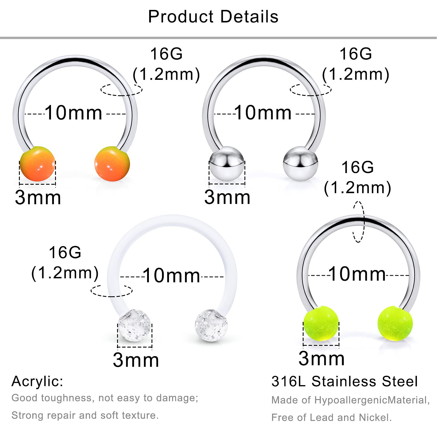 Lcolyoli 24-55Pcs 16G Surgical Steel Nose Septum Rings Piercing Jewelry Externally Threaded Cartilage Helix Tragus Daith Earring Hoop Lip Horseshoe Retainer for Women Men 10mm 3/8 inch