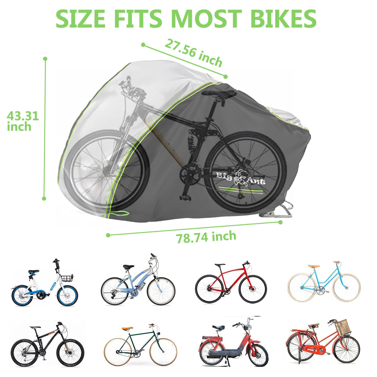 Big Ant Bike Cover Outdoor Waterproof Bicycle Covers with Lock Hole 210D Oxford Fabric Rain Sun UV Dust Snow Wind Proof Bike Cover for Mountain Road Electric Bike(Black & Silver)