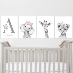 Baby Girl Nursery Wall Art Pink Floral Safari Animals Elephant Giraffe Lion Room Decor 4 UNFRAMED PRINTS