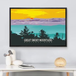 wall26 Framed Canvas Print Wall Art Great Smoky Mountains National Park Nature Wilderness Illustrations Modern Art Rustic Landscape Rustic Neon for Living Room, Bedroom, Office - 16"x24" Black