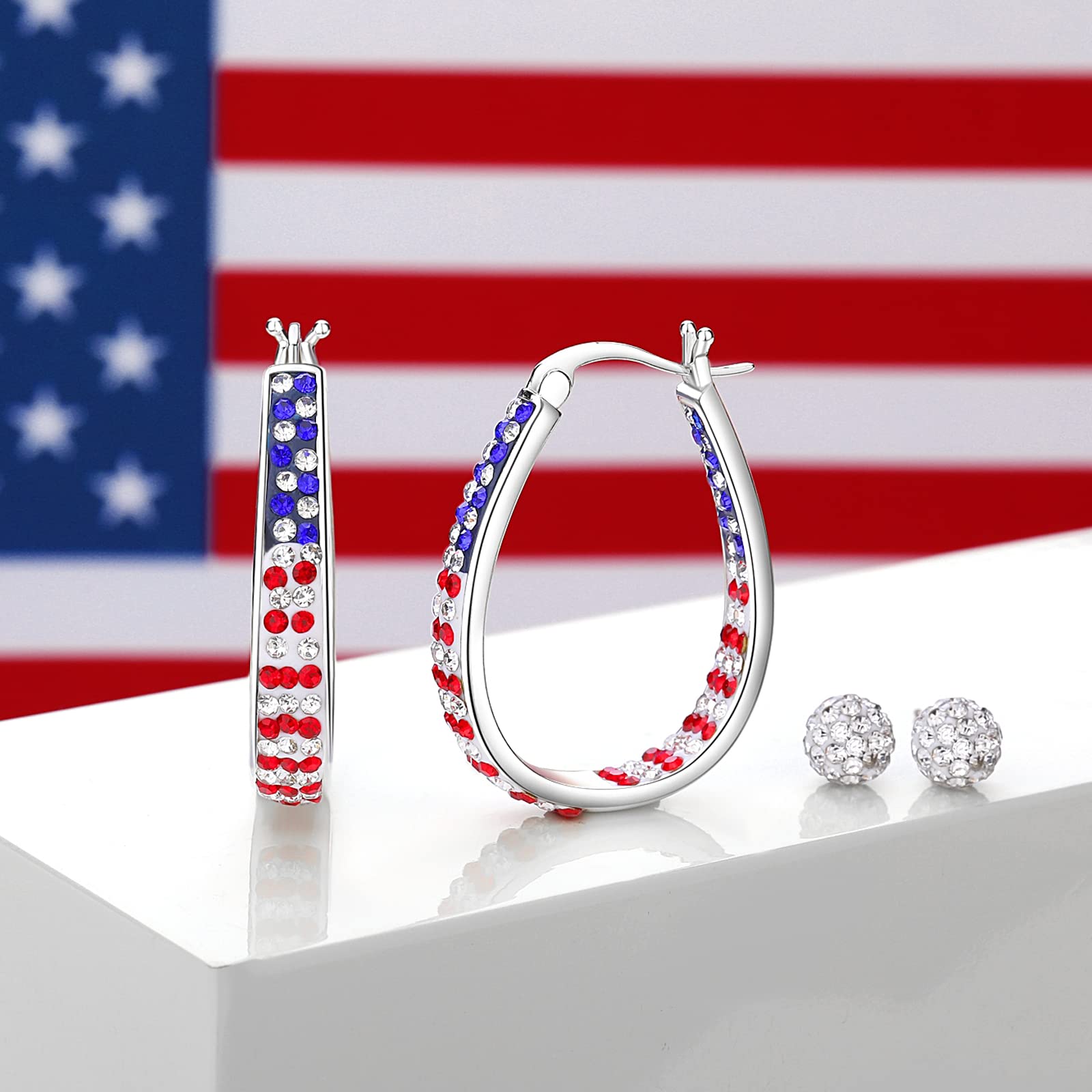 Silver Plated Oval Inside Out Crystal Hoop Earrings For Women Patriotic Earrings Fashion Jewelry