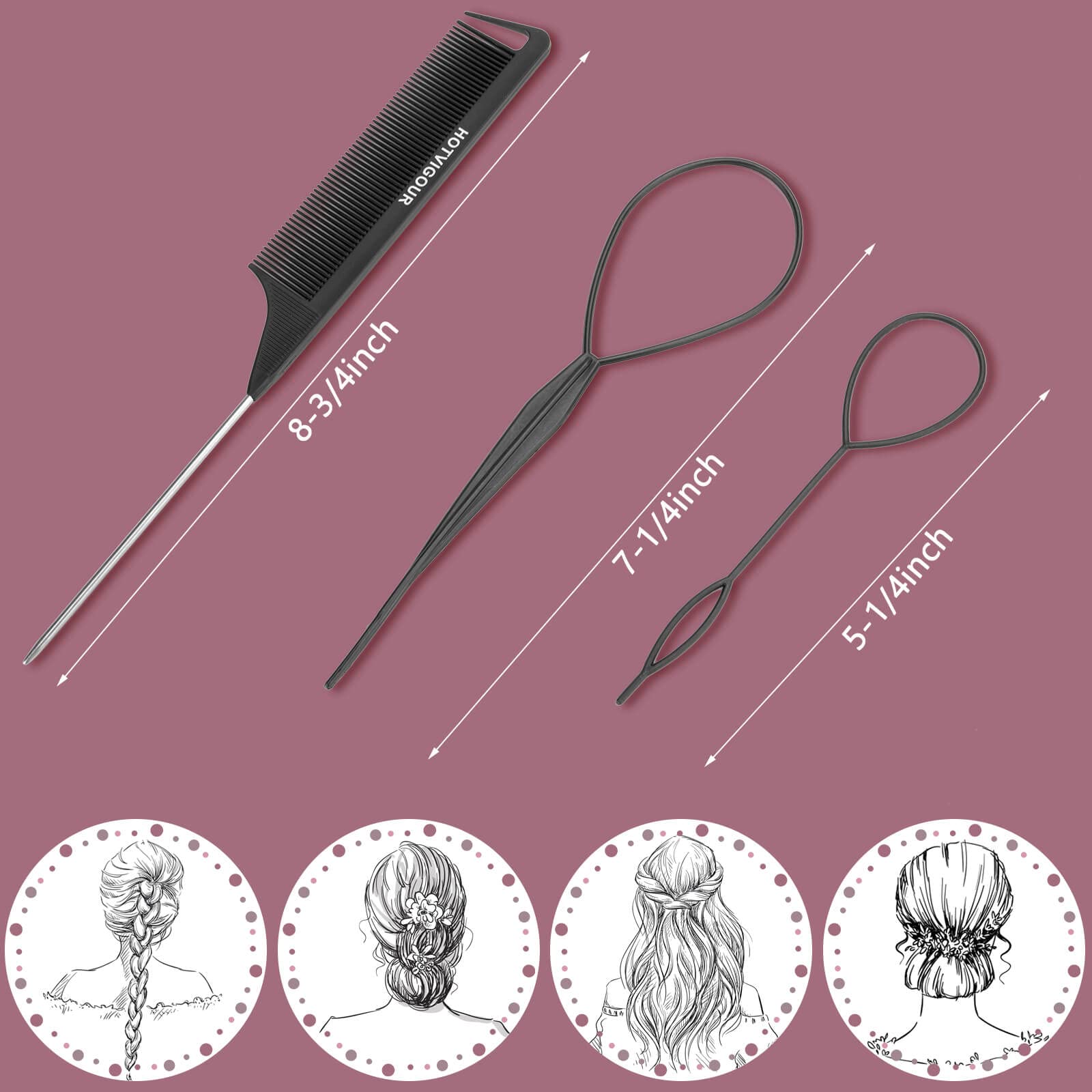 Topsyhair Braiding Tools - 4 Pack Hair Styling Combo: Tail Combo, 2 French Braid Loops (Black)