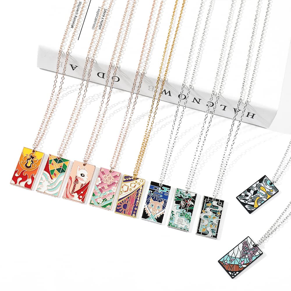 10Pcs Kimetsu No Yaiba Rengoku Mitsuri Necklace Set - Tanjiro Anime Hanafuda Pendant Chains - Halloween Costume Cosplay Gifts for Men Women and Fans (10 PCS Necklaces)