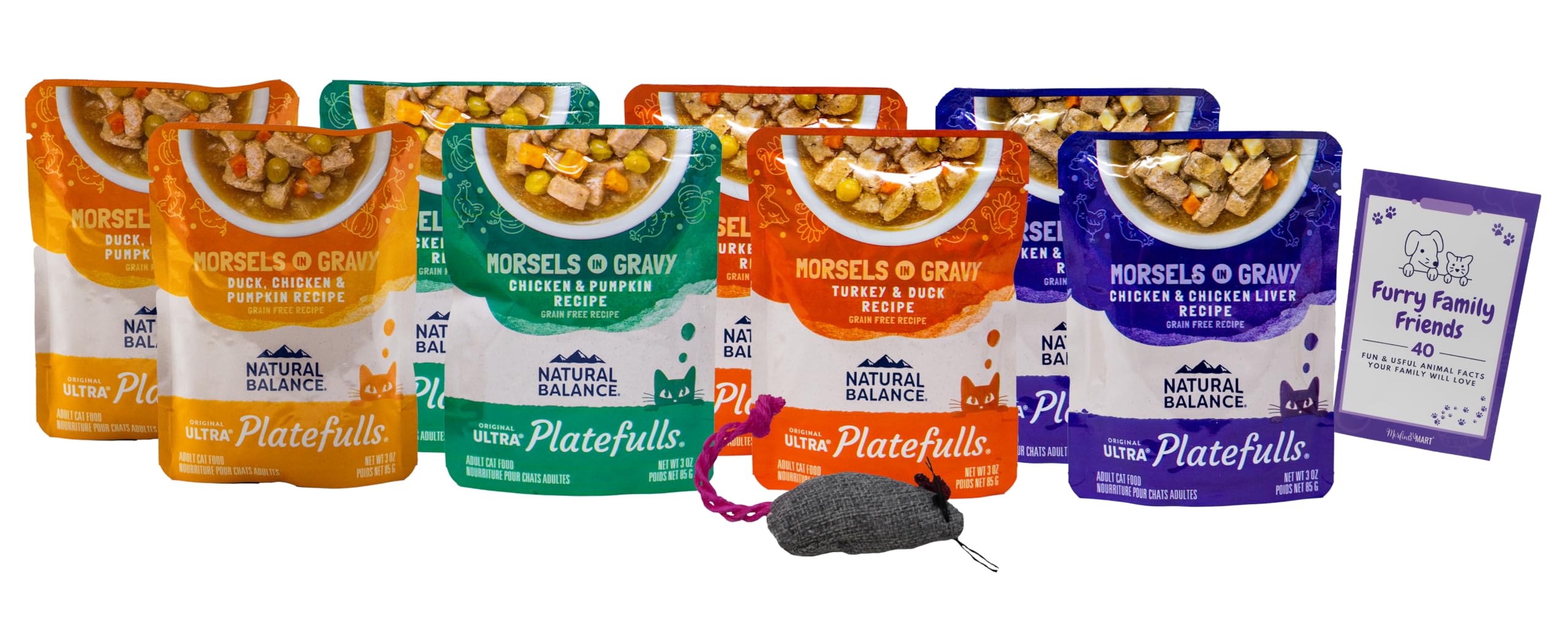 Natural Balances Platefulls Cat Food 4 Flavor 8 Pouch Variety, (2) Each: Chicken Liver, Turkey Duck, Chicken Pumpkin, Duck Chicken Pumpkin (3 Ounces) Plus Catnip Toy and Fun Facts Booklet Bundle