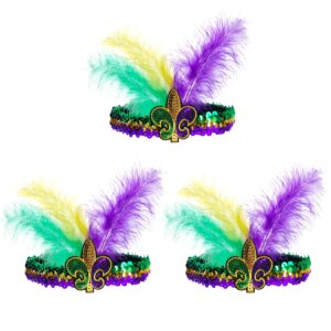 tiggell 3pcs mardi gras fleur de lis headbands sequin faux feather fascinators headwear headpieces hair band for mardi gras masquerade mask party carnival halloween cocktail wedding multicolor