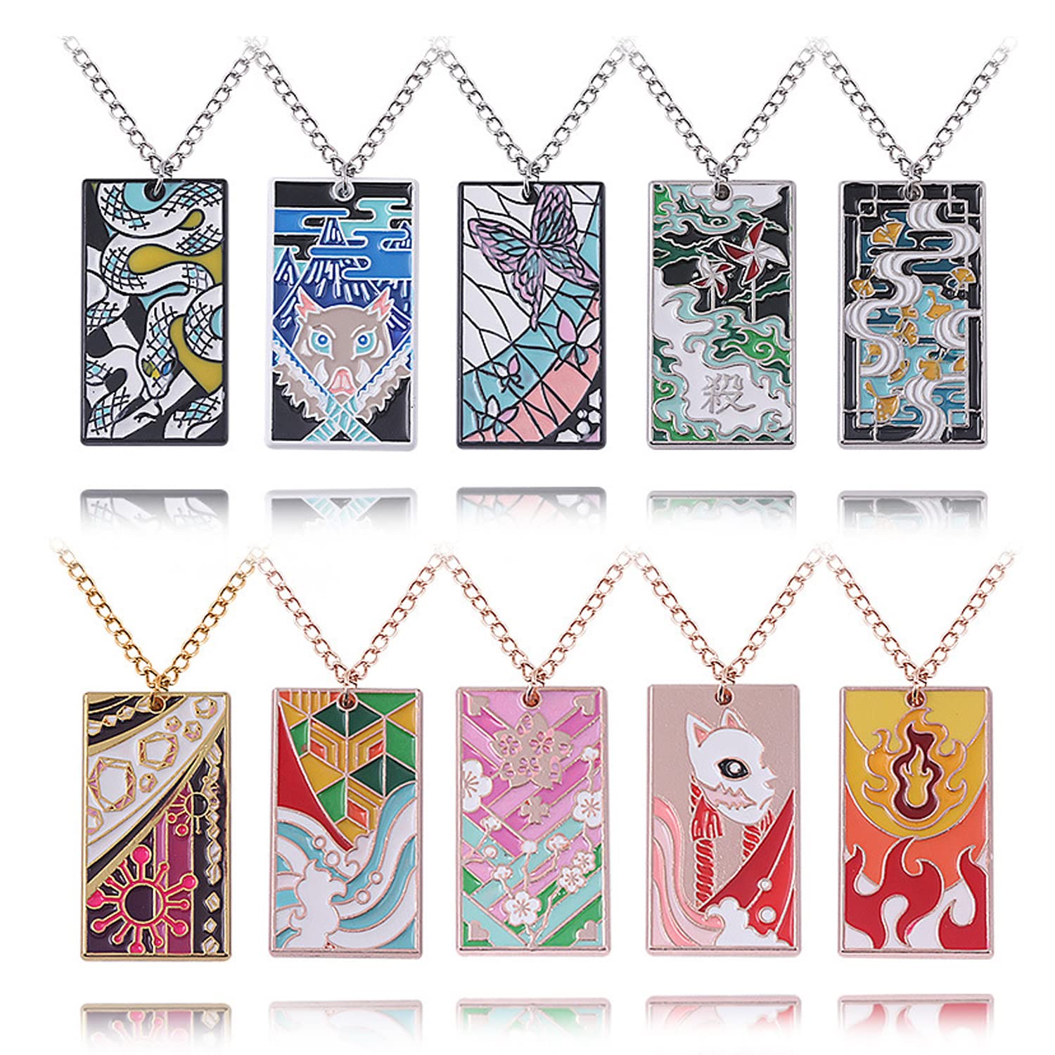 10Pcs Kimetsu No Yaiba Rengoku Mitsuri Necklace Set - Tanjiro Anime Hanafuda Pendant Chains - Halloween Costume Cosplay Gifts for Men Women and Fans (10 PCS Necklaces)