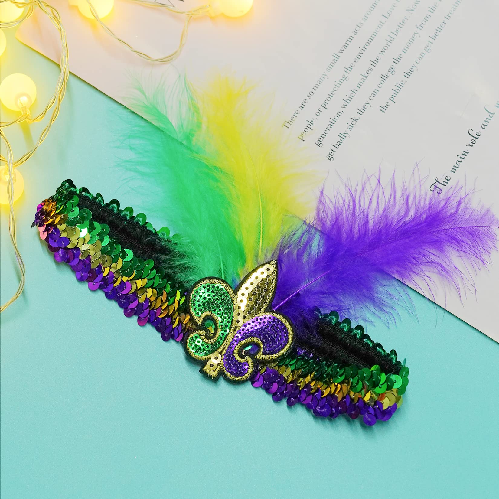 tiggell 3pcs Mardi Gras Fleur De Lis Headbands Sequin Faux Feather Fascinators Headwear Headpieces Hair Band for Mardi Gras Masquerade Mask Party Carnival Halloween Cocktail Wedding Multicolor