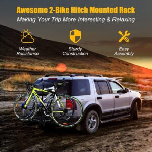 GYMAX 2 Bike Hitch Mount Platform, Folding Bike Rack with Adjustable Frame Hooks for 20”-26” Tires, Heavy Duty Vehicle Bicycle Carrier for 1-1/4" and 2" Hitch Receiver