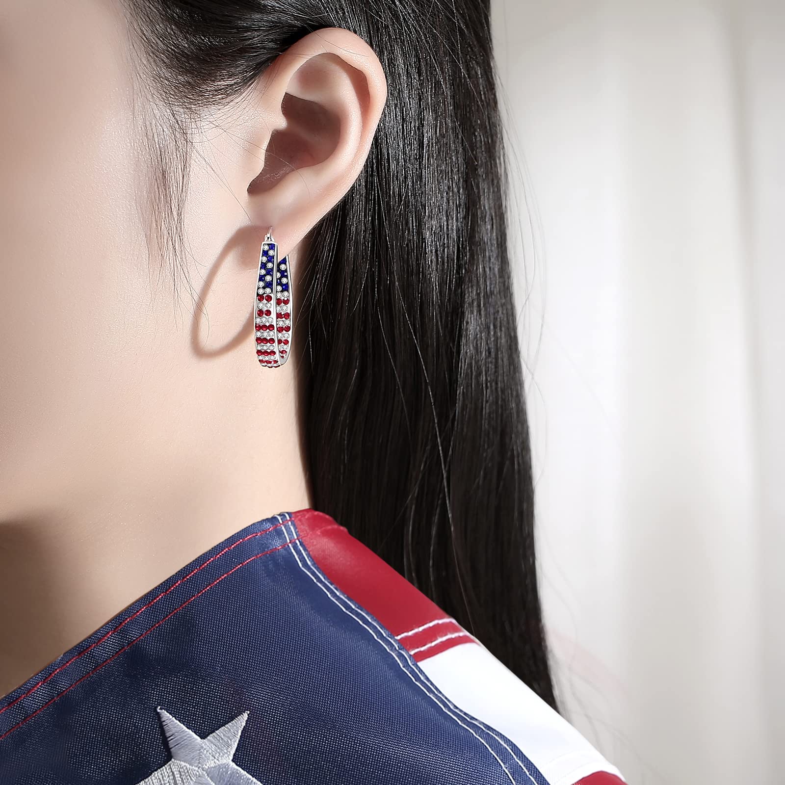 Silver Plated Oval Inside Out Crystal Hoop Earrings For Women Patriotic Earrings Fashion Jewelry