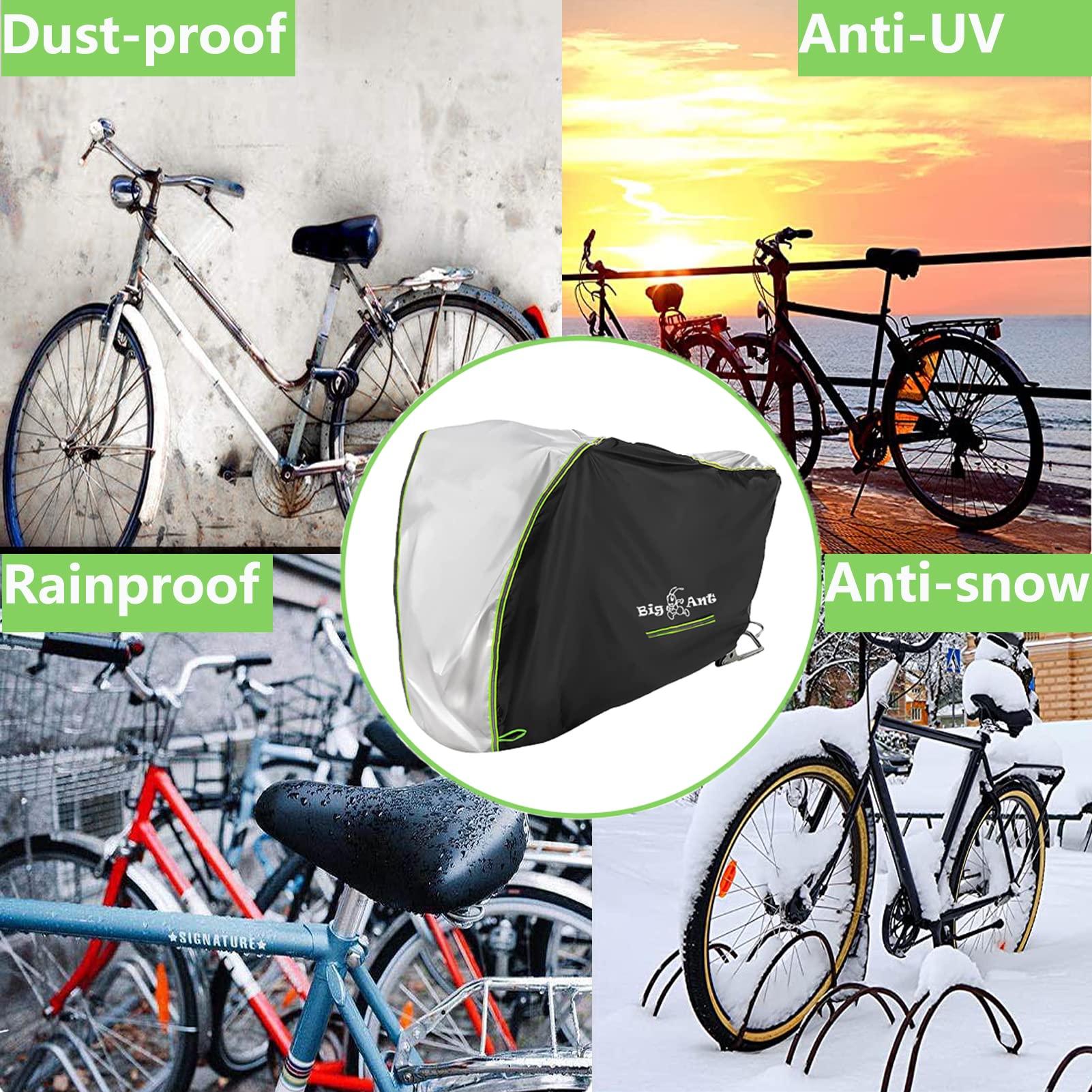 Big Ant Bike Cover Outdoor Waterproof Bicycle Covers with Lock Hole 210D Oxford Fabric Rain Sun UV Dust Snow Wind Proof Bike Cover for Mountain Road Electric Bike(Black & Silver)