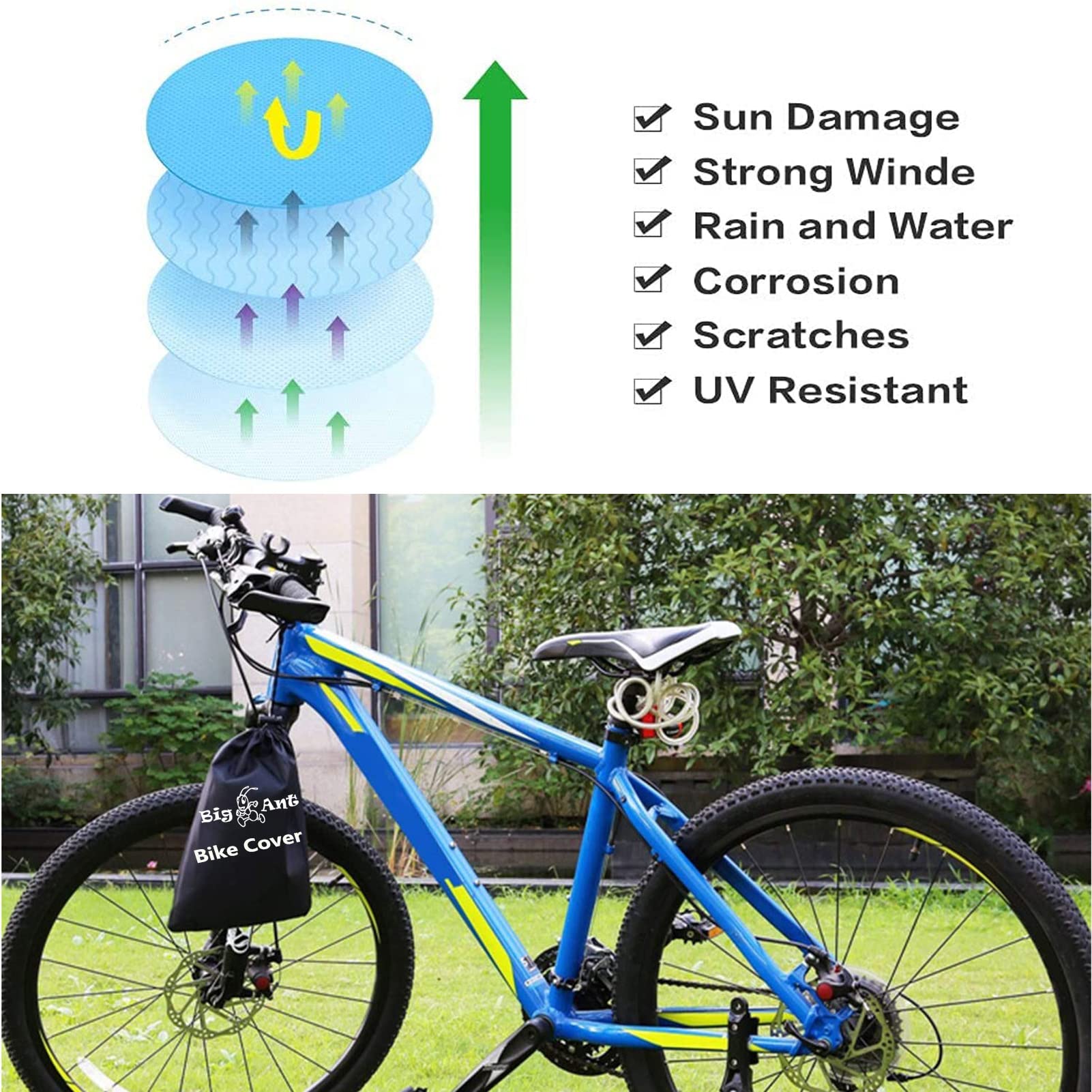 Big Ant Bike Cover Outdoor Waterproof Bicycle Covers with Lock Hole 210D Oxford Fabric Rain Sun UV Dust Snow Wind Proof Bike Cover for Mountain Road Electric Bike(Black & Silver)