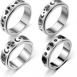 COLORFUL BLING 4 Piece Stainless Steel Spinner Band Ring Set Hypoallergenic Relieving Stress Moon Star Heart Sand Blast Finish Wedding Ring-Size 12