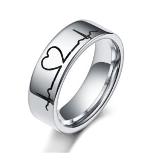 COLORFUL BLING 2 Piece/Set Silver Stainless Steel Heart Rings Love Heart electrocardiogram Couple Ring Hypoallergenic Promise Ring-size 6