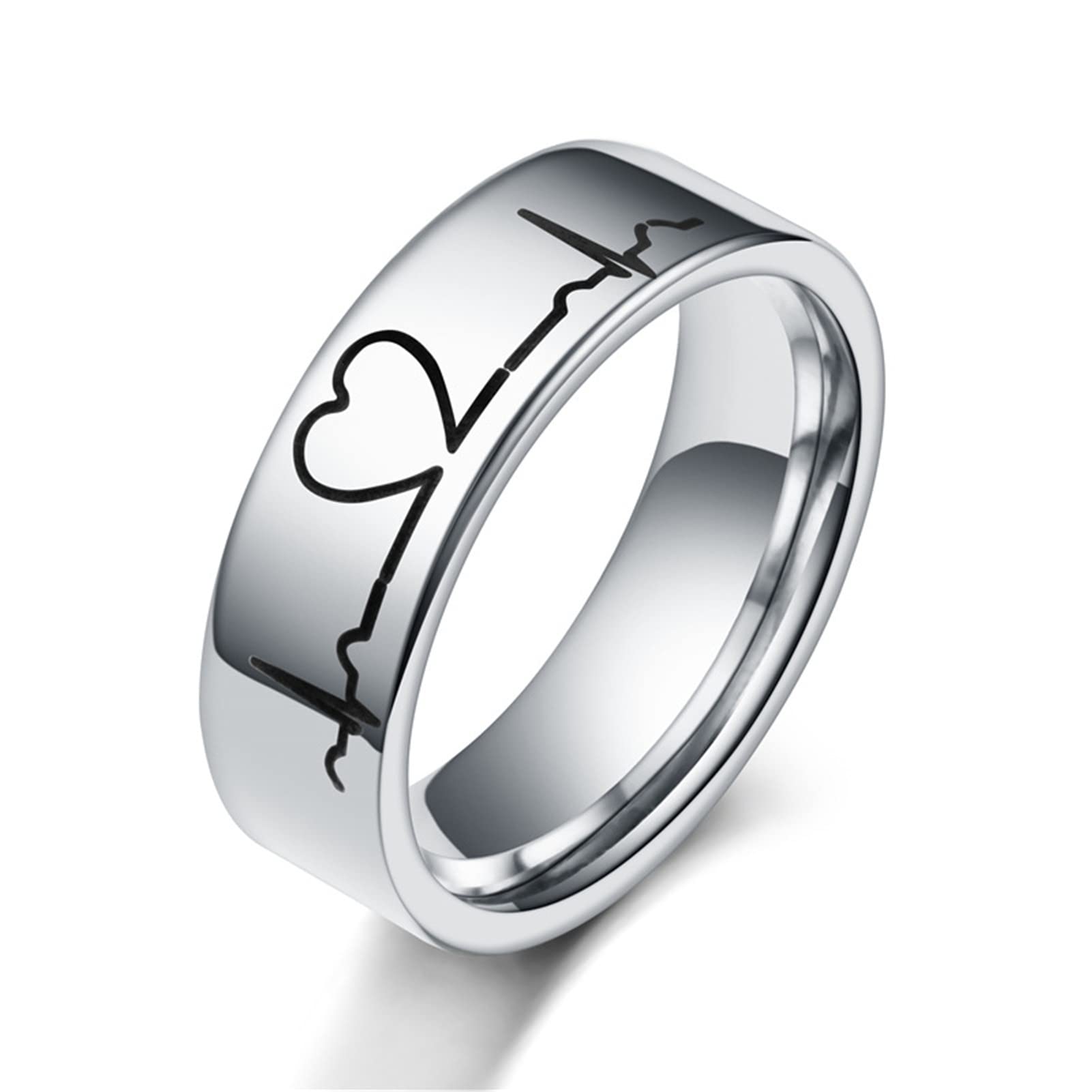 COLORFUL BLING 2 Piece/Set Silver Stainless Steel Heart Rings Love Heart electrocardiogram Couple Ring Hypoallergenic Promise Ring-size 6