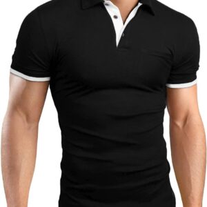 KUYIGO Men's Short Sleeve Polo Shirts Casual Slim Fit Pocket Cotton Collared Shirt Small Black