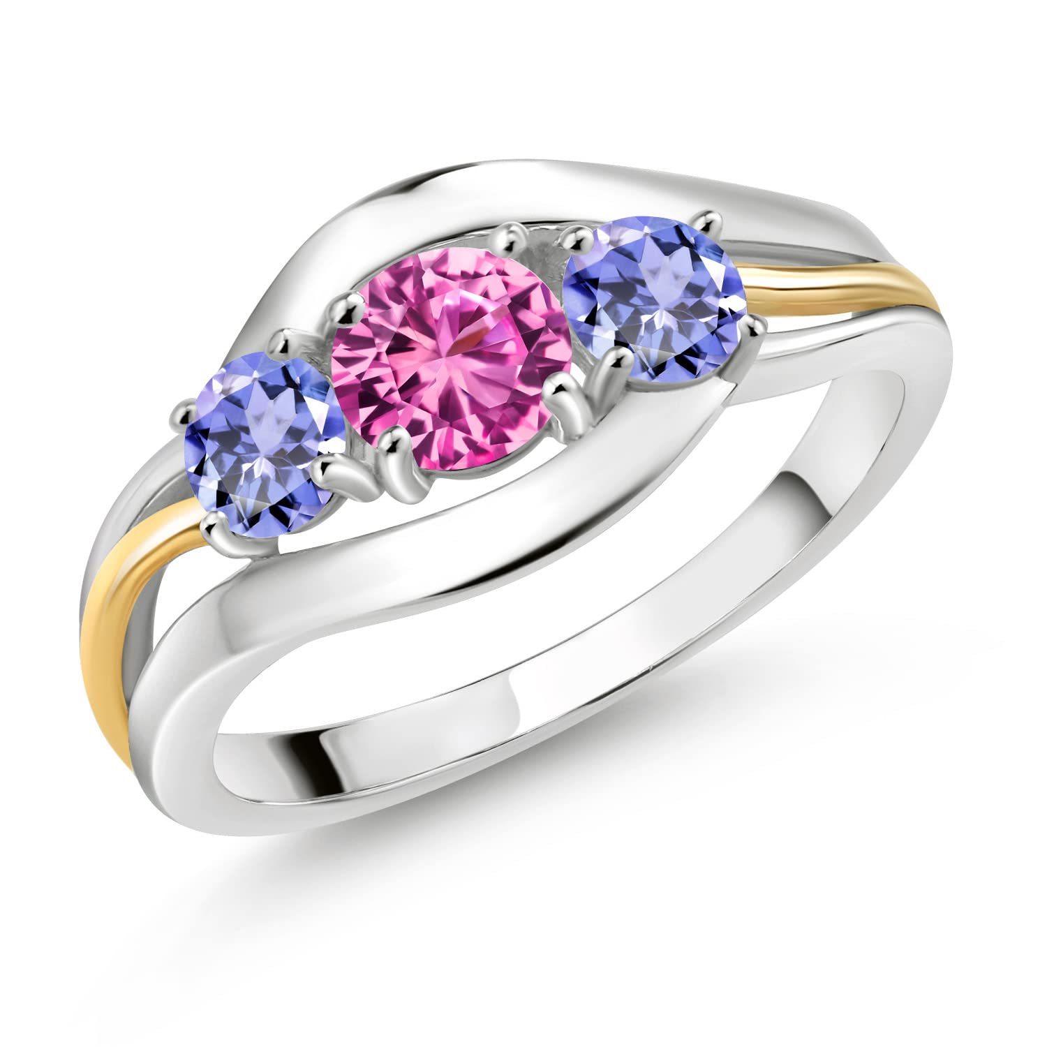 Gem Stone King 925 Sterling Silver and 10K Yellow Gold Round Pink Created Sapphire and Blue Tanzanite 3 Stone Ring For Women (1.15 Cttw, Available In Size 5, 6, 7, 8, 9)