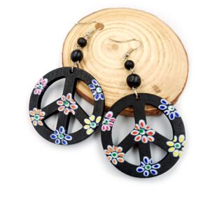 TIANHONGYAN Lightweight Hippie Colorful Love Peace Sign Dangle Drop Wood Earrings 60s 70s Hippie Earrings for Women Christmas Party Favors Costume Accessories (black)