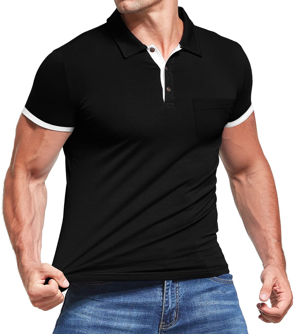 KUYIGO Men's Short Sleeve Polo Shirts Casual Slim Fit Pocket Cotton Collared Shirt Small Black