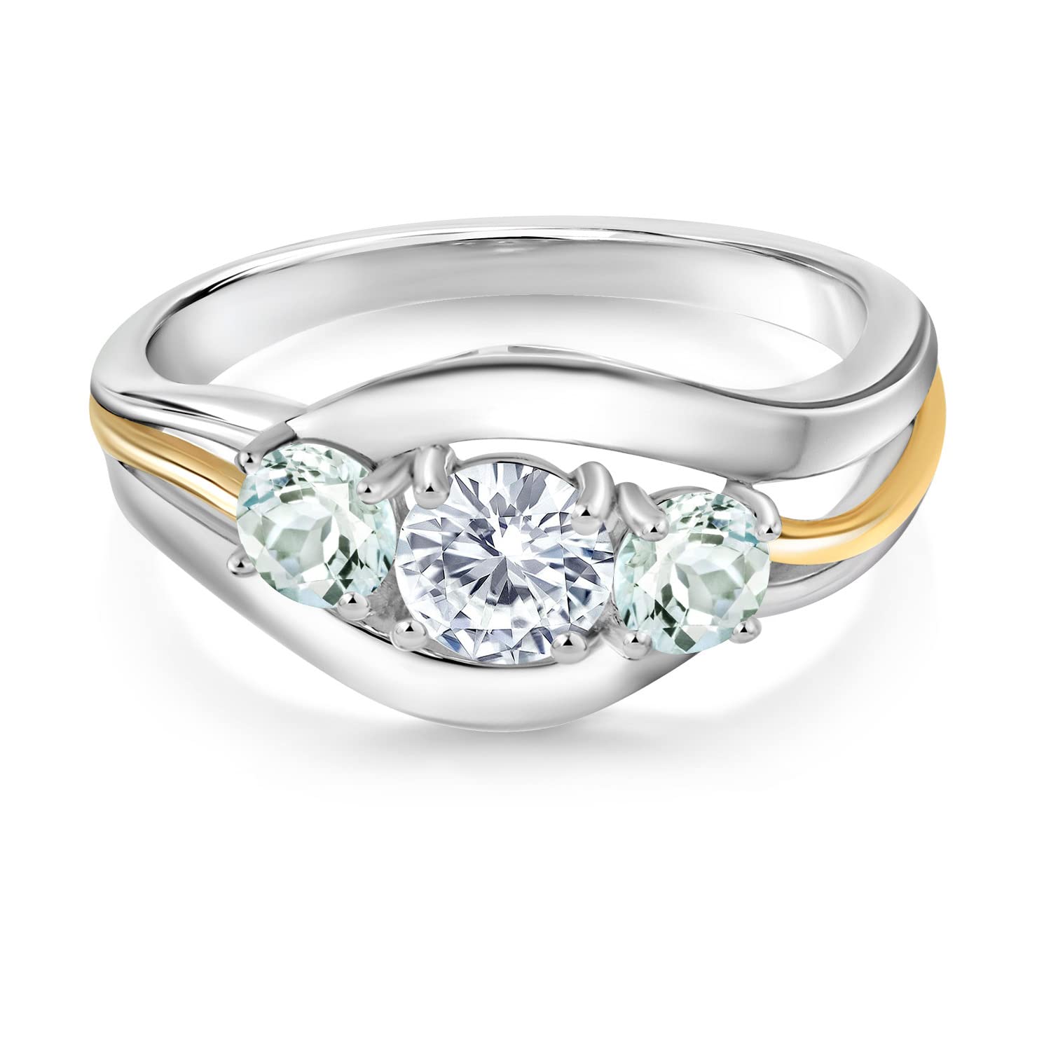 925 Sterling Silver and 10K Yellow Gold Round White Moissanite from Charles & Colvard and Sky Blue Aquamarine 3 Stone Ring For Women (1.00 Cttw, Available In Size 5, 6, 7, 8, 9)