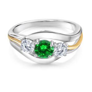 925 Sterling Silver and 10K Yellow Gold Round Green Created Emerald and White Moissanite from Charles & Colvard 3 Stone Ring For Women (1.30 Cttw, Available In Size 5, 6, 7, 8, 9)