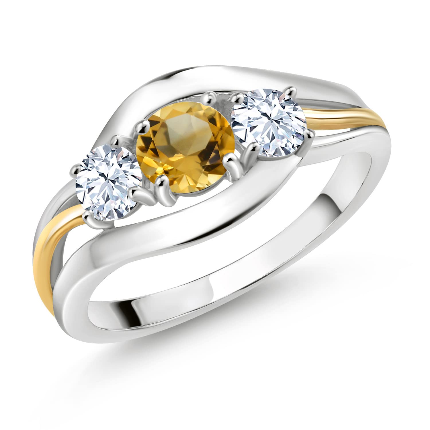 Gem Stone King 925 Sterling Silver and 10K Yellow Gold Round Yellow Citrine and White Zirconia 3 Stone Ring For Women (1.23 Cttw, Available In Size 5, 6, 7, 8, 9)