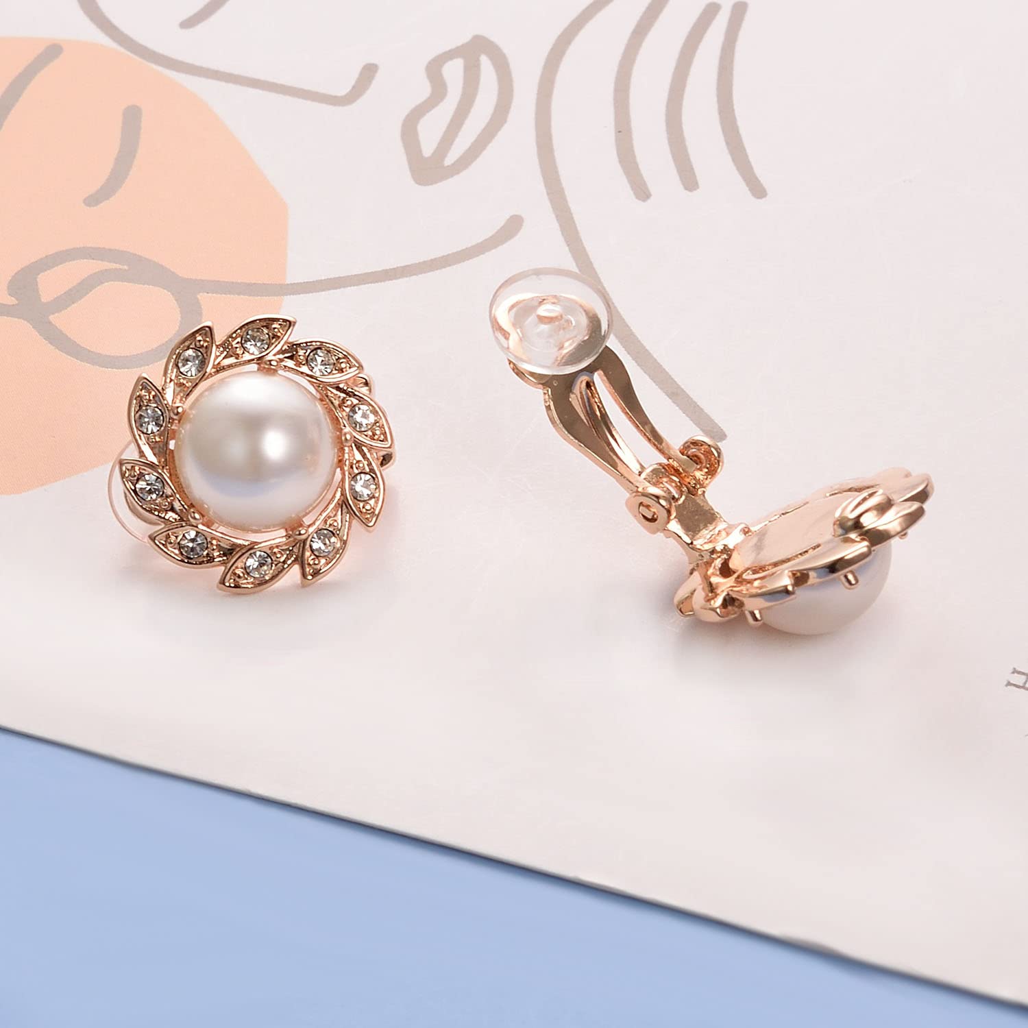 JOLCHIF Faux Pearl Clip on Earrings for Women Non Pierced Ear 18K Rose Gold Plated Sunflower Cz on Wedding Earrings Jewelry