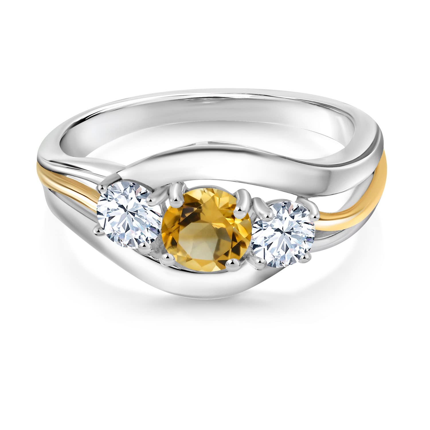 Gem Stone King 925 Sterling Silver and 10K Yellow Gold Round Yellow Citrine and White Zirconia 3 Stone Ring For Women (1.23 Cttw, Available In Size 5, 6, 7, 8, 9)