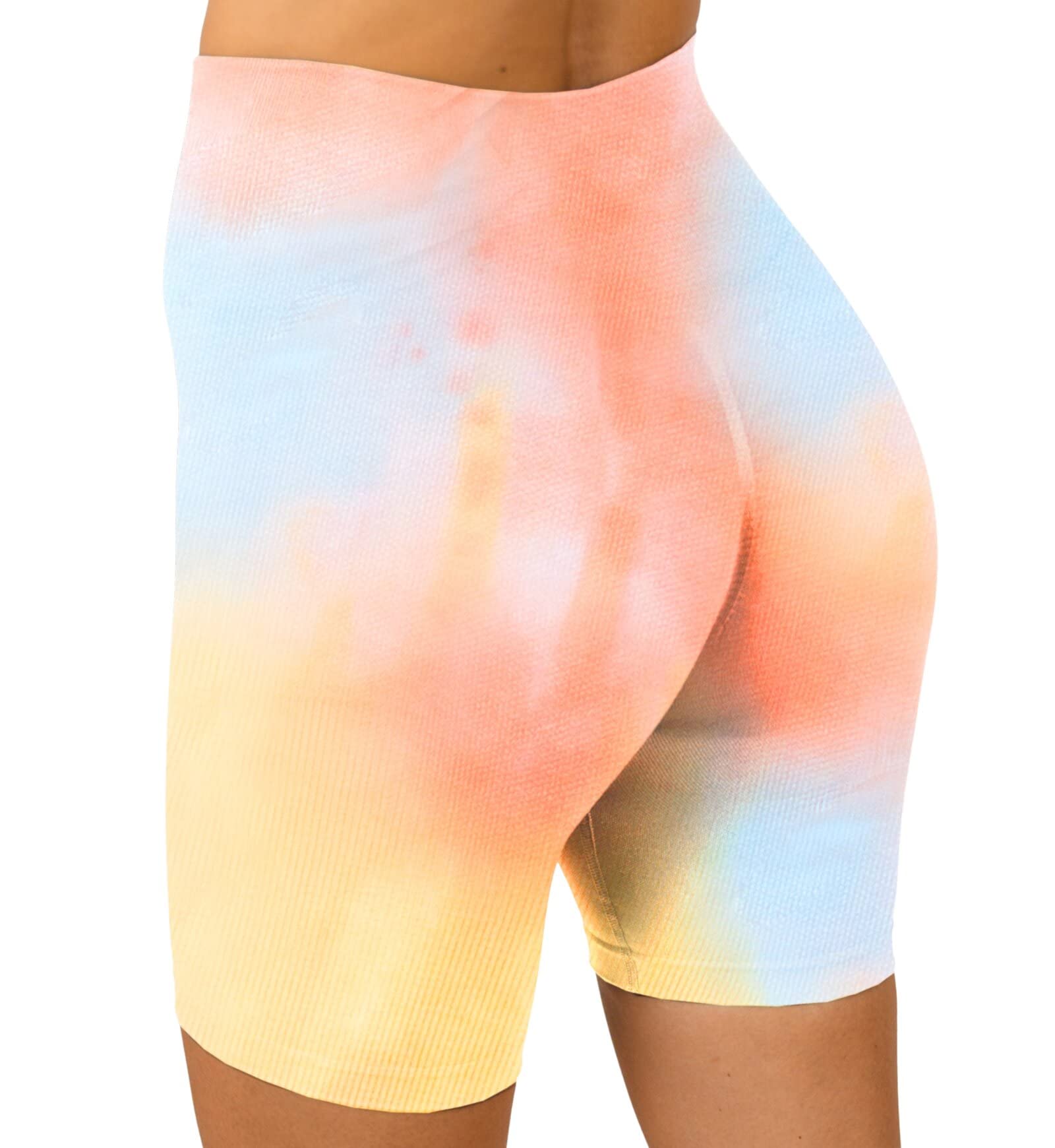 MAXXIM Womens Tie Dye Biker Shorts High Waisted Seamless Scrunch for Gym Workout Yoga Running Orange Sunrise Medium