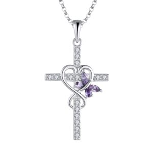 JO WISDOM Butterfly Cross Necklace 925 Sterling Silver Infinity Heart Cross Pendant Necklace for Women with 5A Cubic Zirconia February Birthstone Amethyst Color