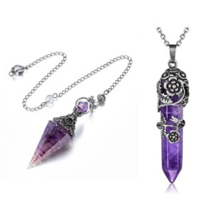 Top Plaza Bundle - 2 Items: 6 Facet Hexagonal Point Pendant Pendulum for Reiki Wicca Dowsing Balancing & Antique Silver Flower Wrapped Natural Amethyst Healing Crystal Necklace