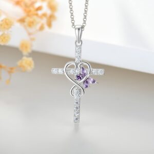 JO WISDOM Butterfly Cross Necklace 925 Sterling Silver Infinity Heart Cross Pendant Necklace for Women with 5A Cubic Zirconia February Birthstone Amethyst Color