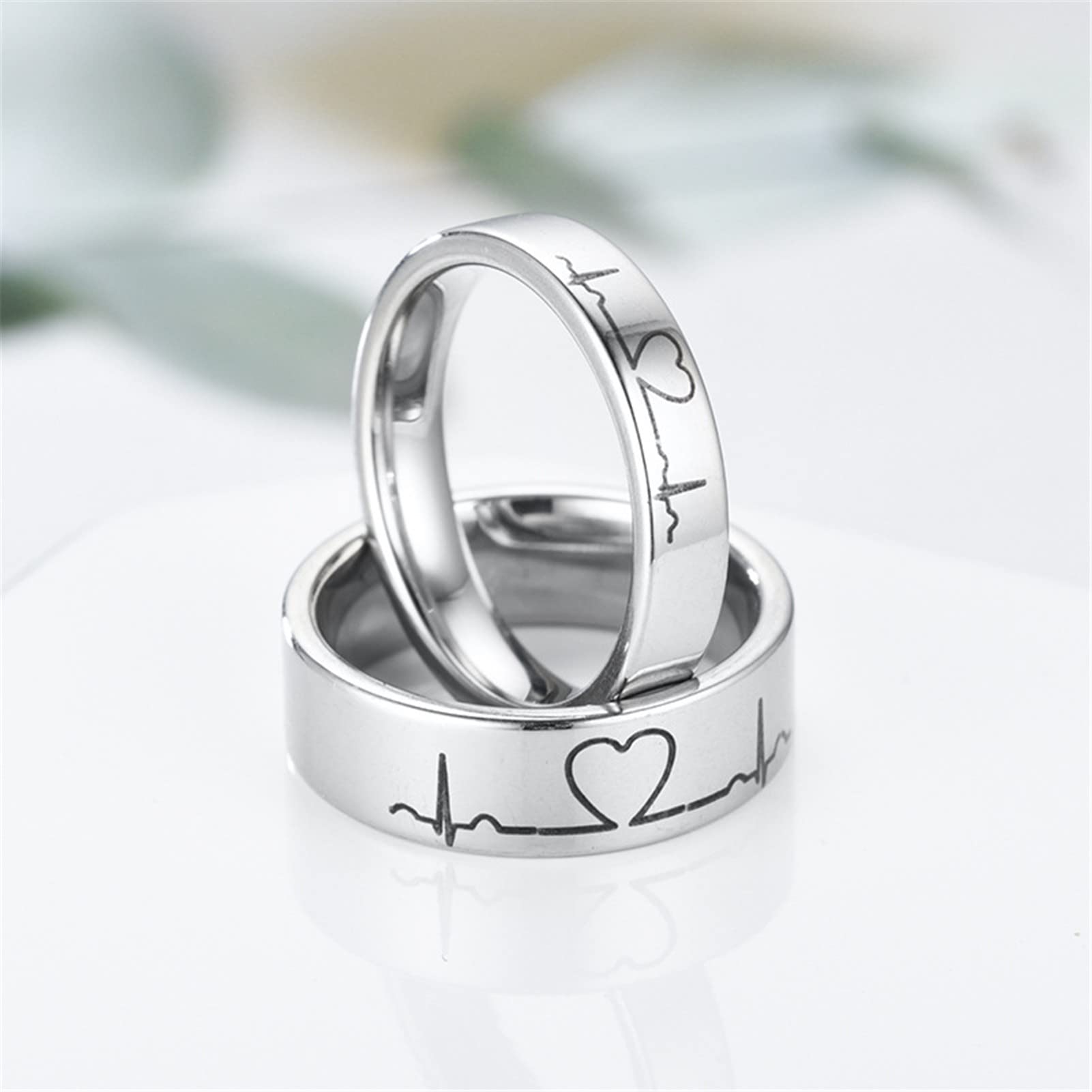 COLORFUL BLING 2 Piece/Set Silver Stainless Steel Heart Rings Love Heart electrocardiogram Couple Ring Hypoallergenic Promise Ring-size 6