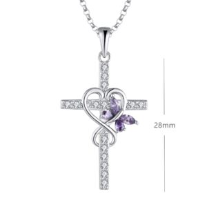 JO WISDOM Butterfly Cross Necklace 925 Sterling Silver Infinity Heart Cross Pendant Necklace for Women with 5A Cubic Zirconia February Birthstone Amethyst Color