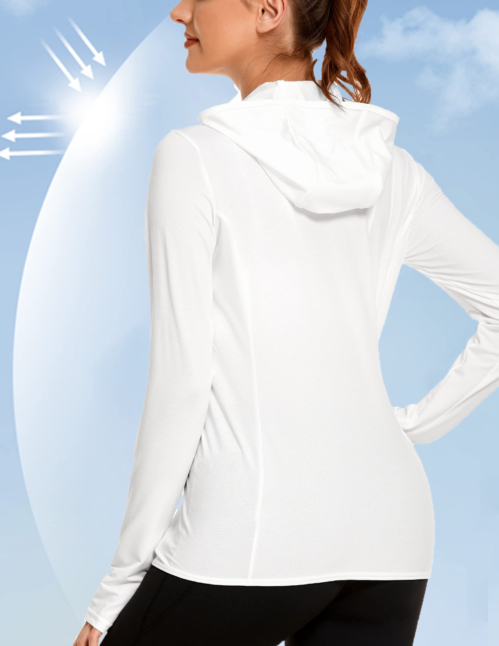 COOrun Women's UPF 50+ Sun Protection Hoodie Jacket Lightweight Full Zip Running Jacket Athletic Jacket with Thumb Holes White XL