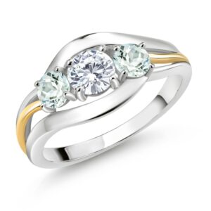 925 Sterling Silver and 10K Yellow Gold Round White Moissanite from Charles & Colvard and Sky Blue Aquamarine 3 Stone Ring For Women (1.00 Cttw, Available In Size 5, 6, 7, 8, 9)