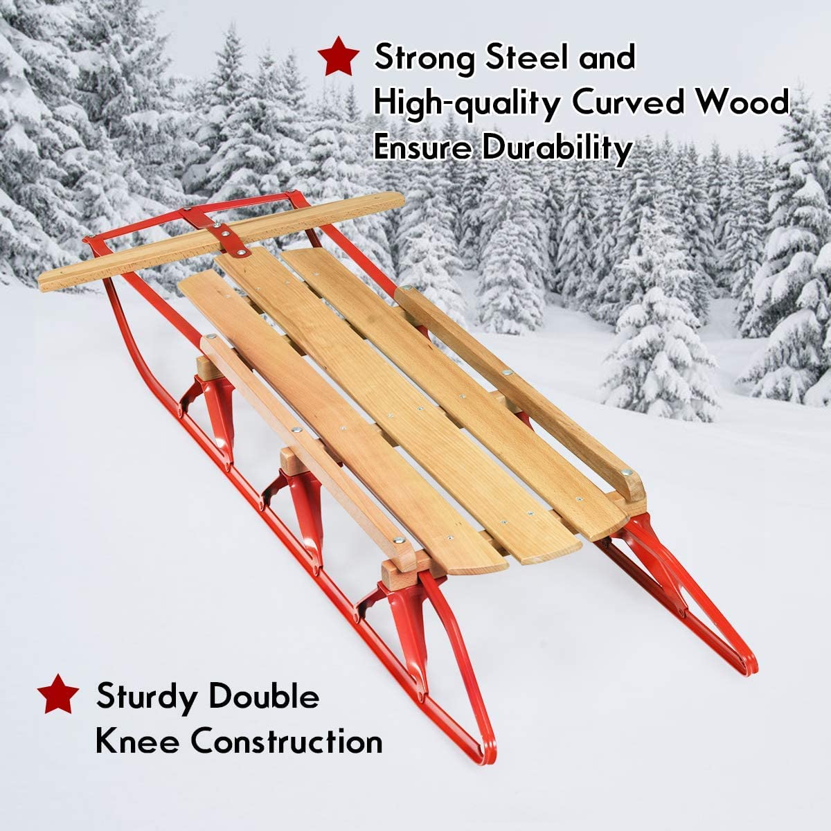 Renatone Wooden Sled, 54 Inch Snow Sleigh Toboggan w/Metal Runners & Steering Bar, Pull Sled for Kids & Adults, Steel & Wood, Red