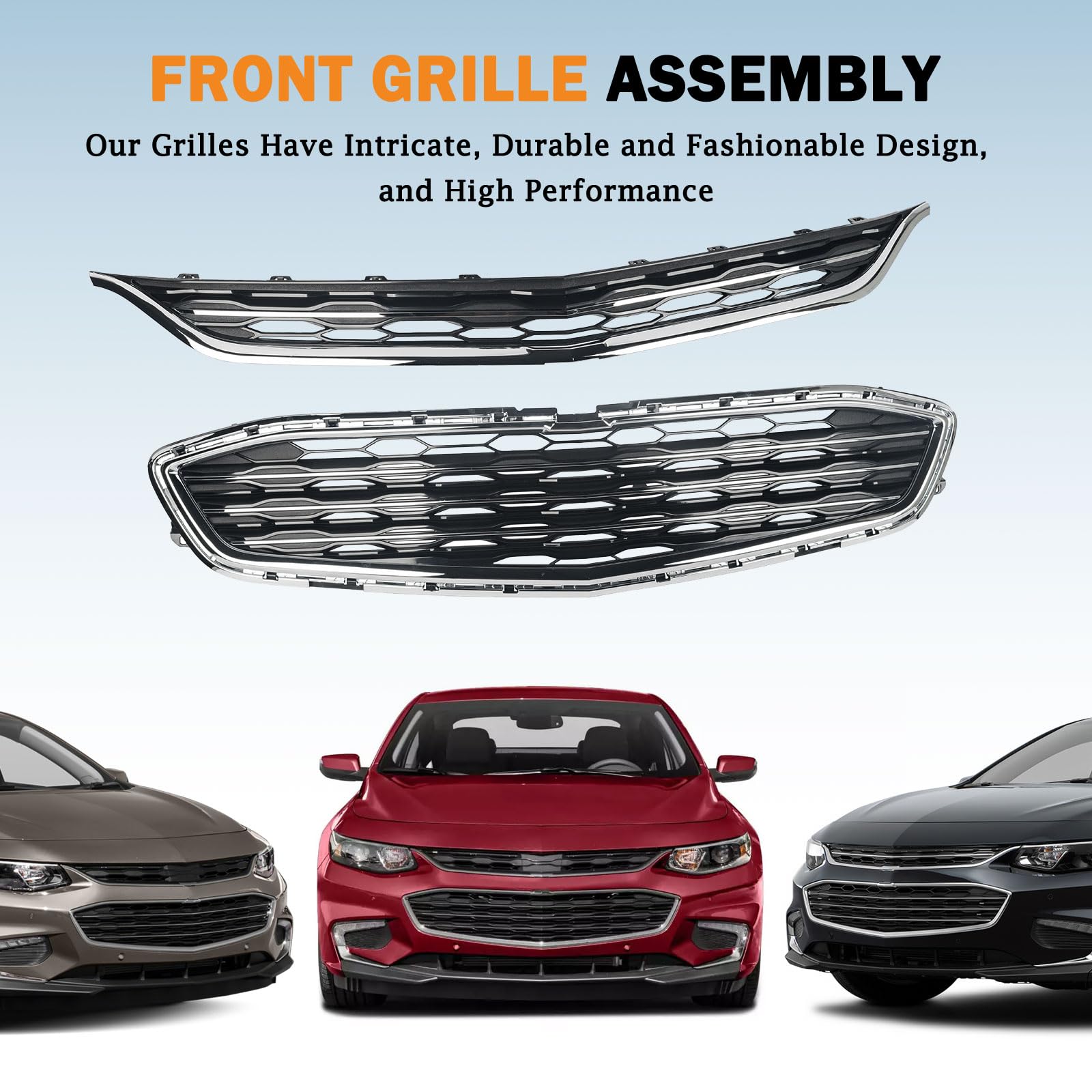 KARPAL Front Upper & Lower Bumper Grille Honeycomb Mesh Grill Compatible With 2016-2018 Chevrolet Chevy Malibu US Built