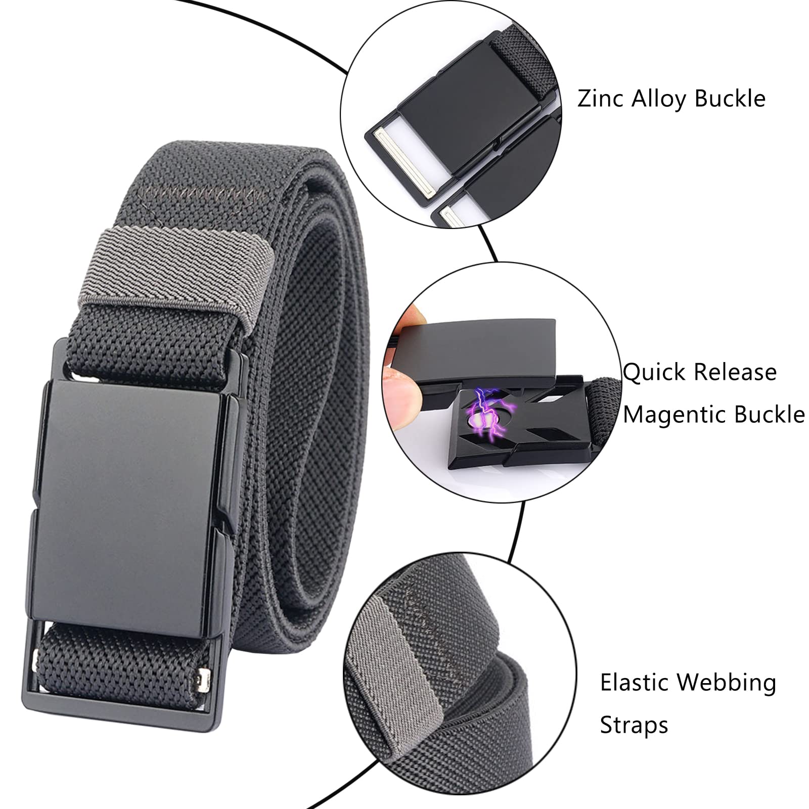 QAZSE Mens Stretch Belt Quick Release Magnetic Buckle Elastic Webbing Sport Work Golf Belts for Men 1.34inch Wide Black 53" Long