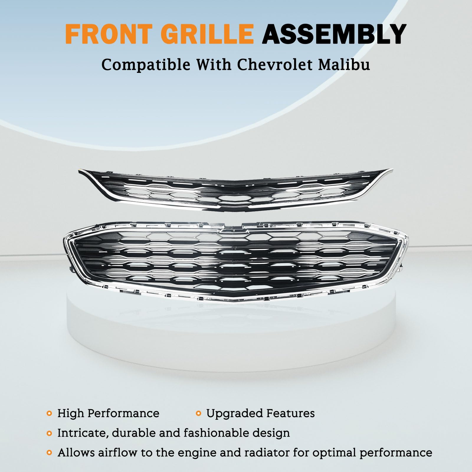 KARPAL Front Upper & Lower Bumper Grille Honeycomb Mesh Grill Compatible With 2016-2018 Chevrolet Chevy Malibu US Built