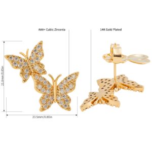 CZ Butterfly Studs Earrings - 14K Gold Plated CZ Pave Butterfly Earrings for Women，Good Gift for Sister,Lover (Gold - A)