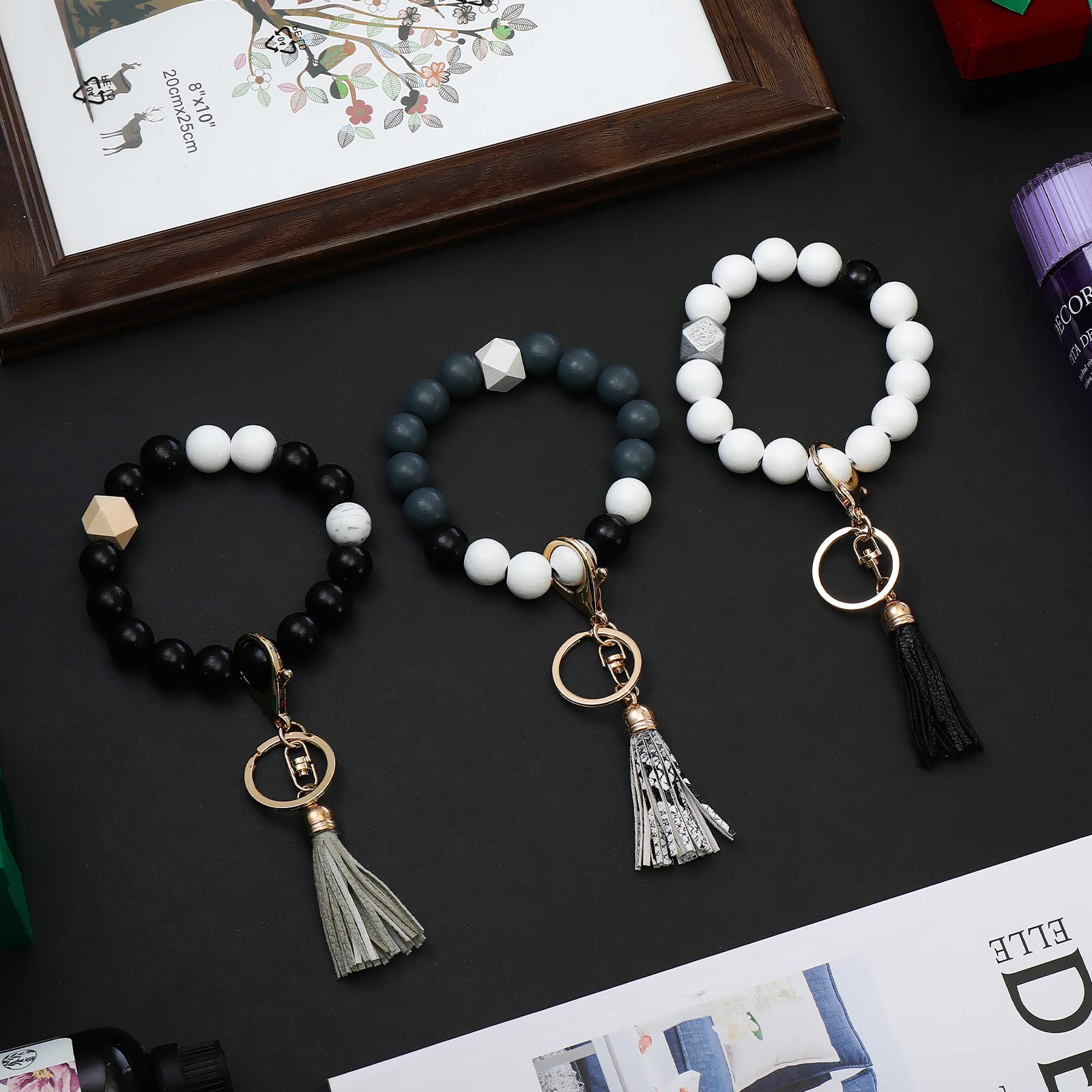 Hicarer 3 Pieces Silicone Key Ring Bracelet Elastic Beaded Keychain Wristlet with Faux Leather Tassel Car Key Ring Holder (Black, White, Navy Blue)